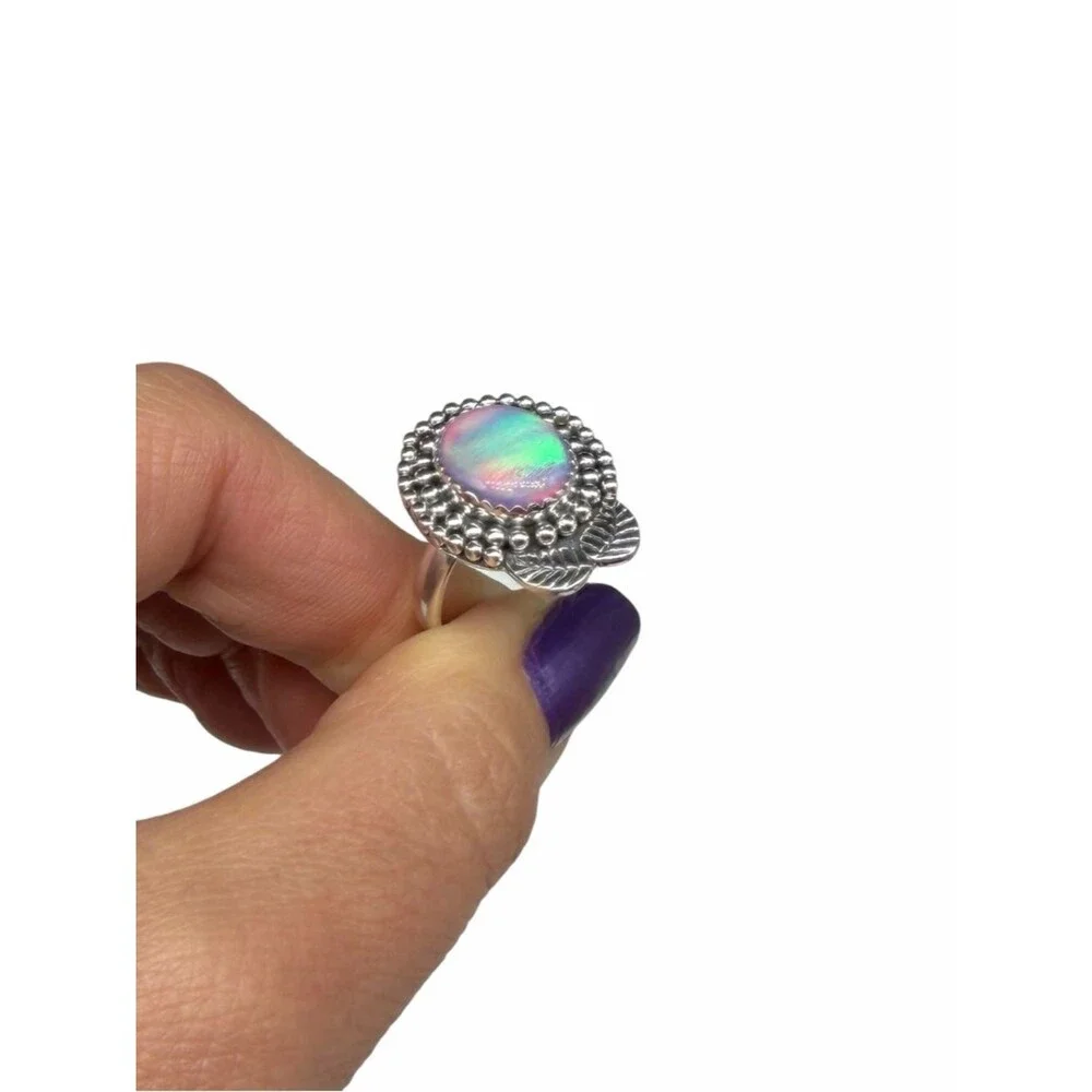 Aurora Fire Opal Ring Size 8 Solid 925 Sterling Silver Aura